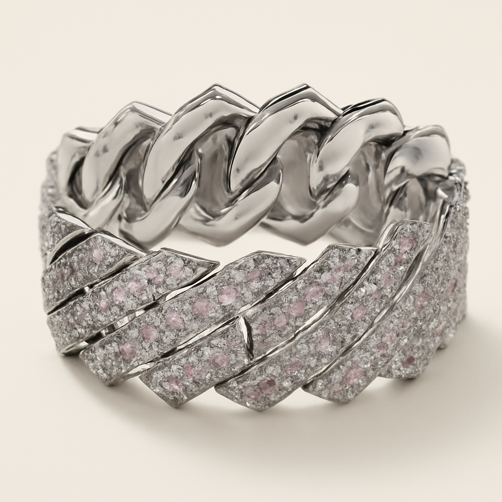 Chunky silver ring with Cuban link pattern paved with American diamonds.