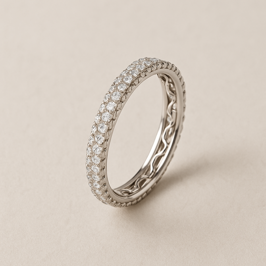 Slim silver eternity band with round American diamonds