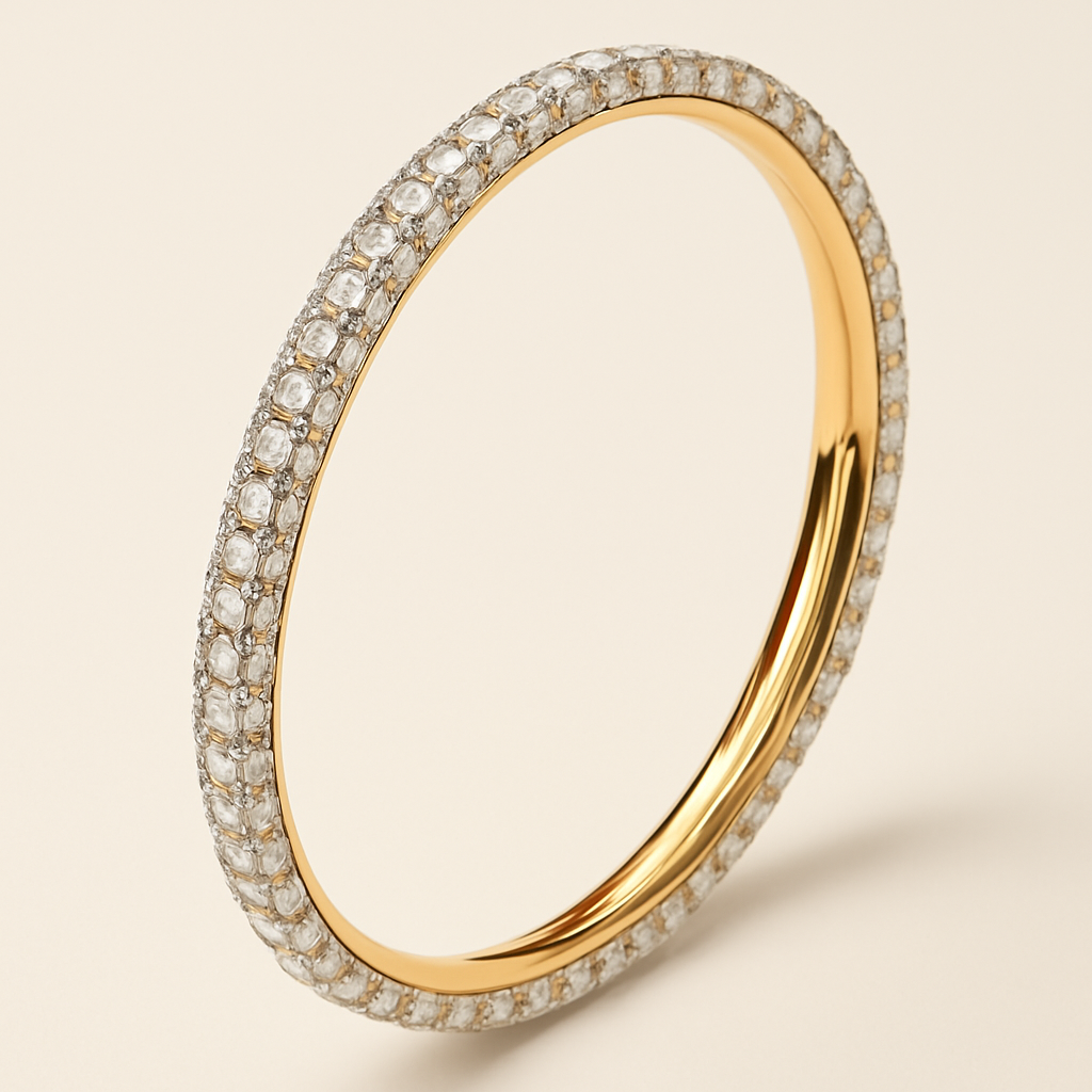 Elegant gold bangle encrusted with one rows of sparkling white stones, showcasing a high-polish finish and luxurious detailing.