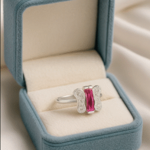 925 silver butterfly ring with a pink gemstone centerpiece and zircon-studded wings, buy silver rings online.