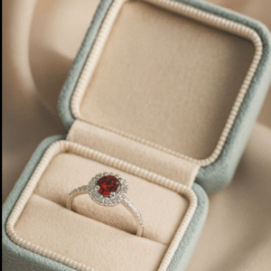 925 sterling silver ring with a vivid red gemstone center, surrounded by a zircon halo, placed in a luxurious pastel blue ring box on a satin background.