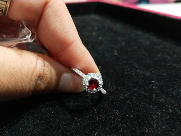 925 Silver Red Stone Ring with Zircon Halo - Image 3