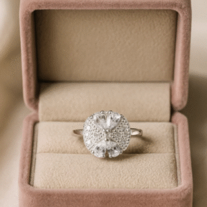 Elegant sterling silver statement ring for women, showcased in a designer jewelry box.