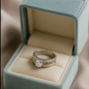 Men’s sterling silver ring with solitaire stone and textured band, displayed on black velvet