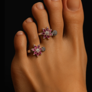 Floral Silver 925 Toe Rings with Pink Stones – Elegant Adjustable Pair on Feet