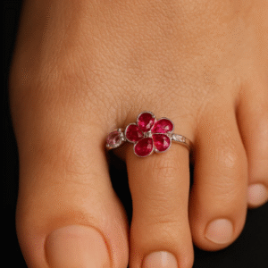 Silver 925 Toe Ring with Pink Flower Design – 4 Rings (2 Pairs) on Foot