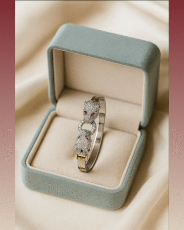 Unisex Italian cut 925 silver bracelet with dual panther heads, ruby-red gemstone eyes, and gold-plated accents in a luxury jewellery box – Adishakti Jewellery