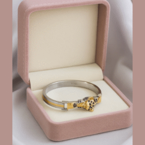 Unisex Italian cut 925 silver bracelet with gold leopard head design and black enamel detailing, displayed in a luxury jewellery box – Adishakti Jewellery