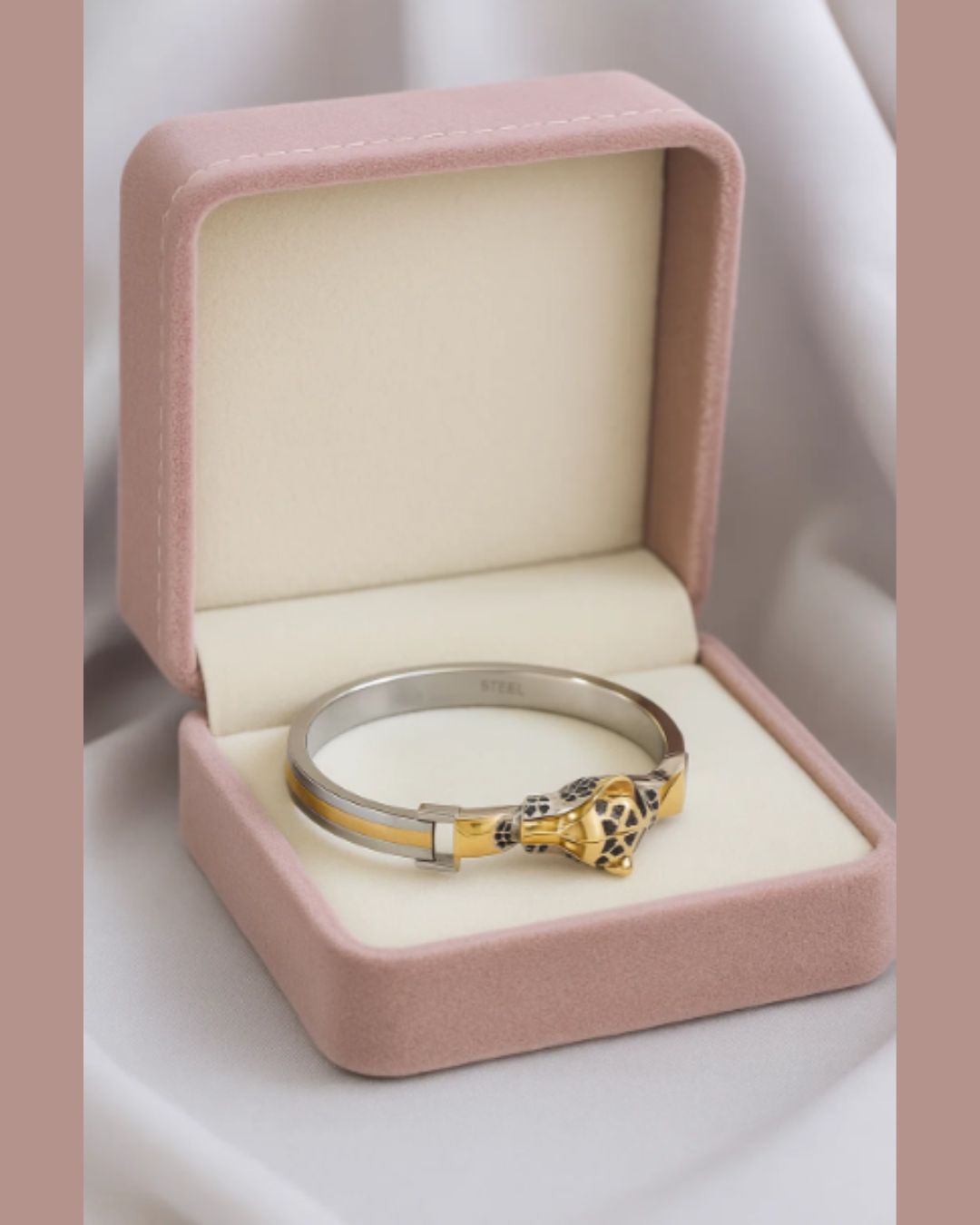Unisex Italian cut 925 silver bracelet with gold leopard head design and black enamel detailing, displayed in a luxury jewellery box – Adishakti Jewellery