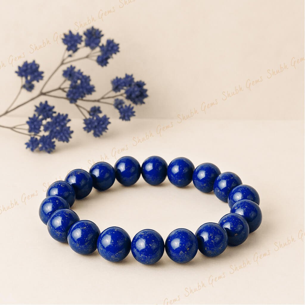AdiShakti Lapis Lazuli Bracelet with deep blue natural stones and golden flecks, designed for unisex spiritual insight, truth, and throat chakra healing.