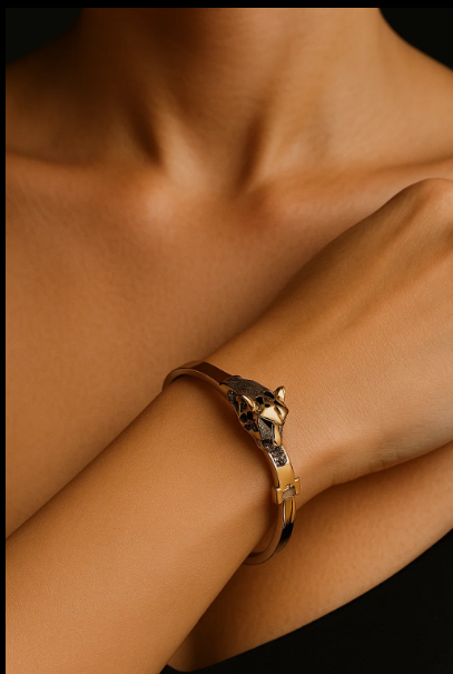 Italian Cut 925 Silver Leopard Head Bracelet with Gold Accents - Image 3