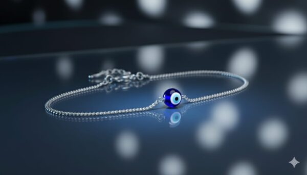 Minimalist 925 silver bracelet with a blue evil eye charm centerpiece, displayed on a reflective dark background for an elegant and spiritual look.