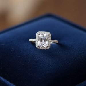 Rectangular-cut crystal halo ring in 925 silver with diamond-look stones